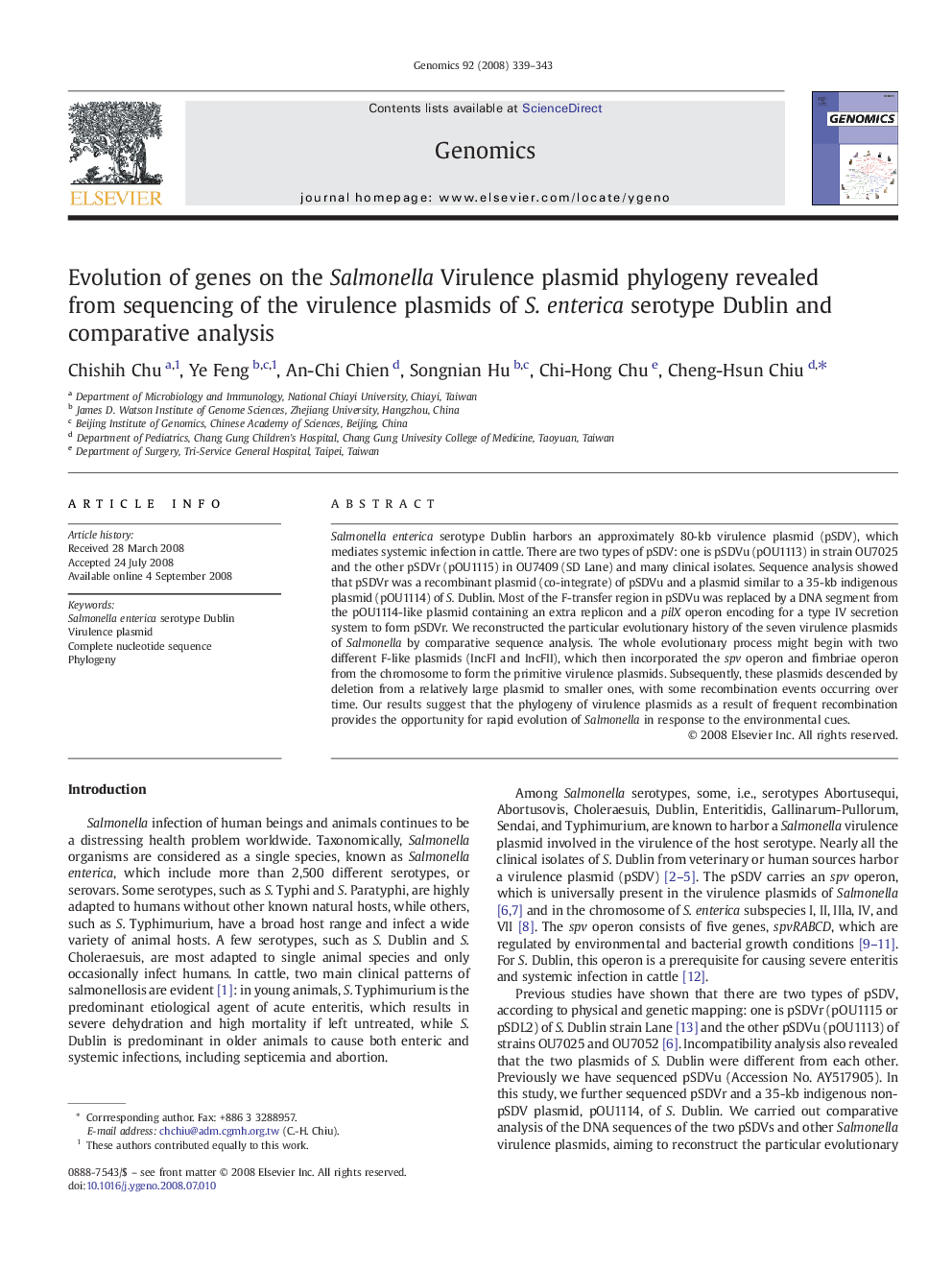 Evolution of genes on the Salmonella Virulence plasmid phylogeny revealed from sequencing of the virulence plasmids of S. enterica serotype Dublin and comparative analysis