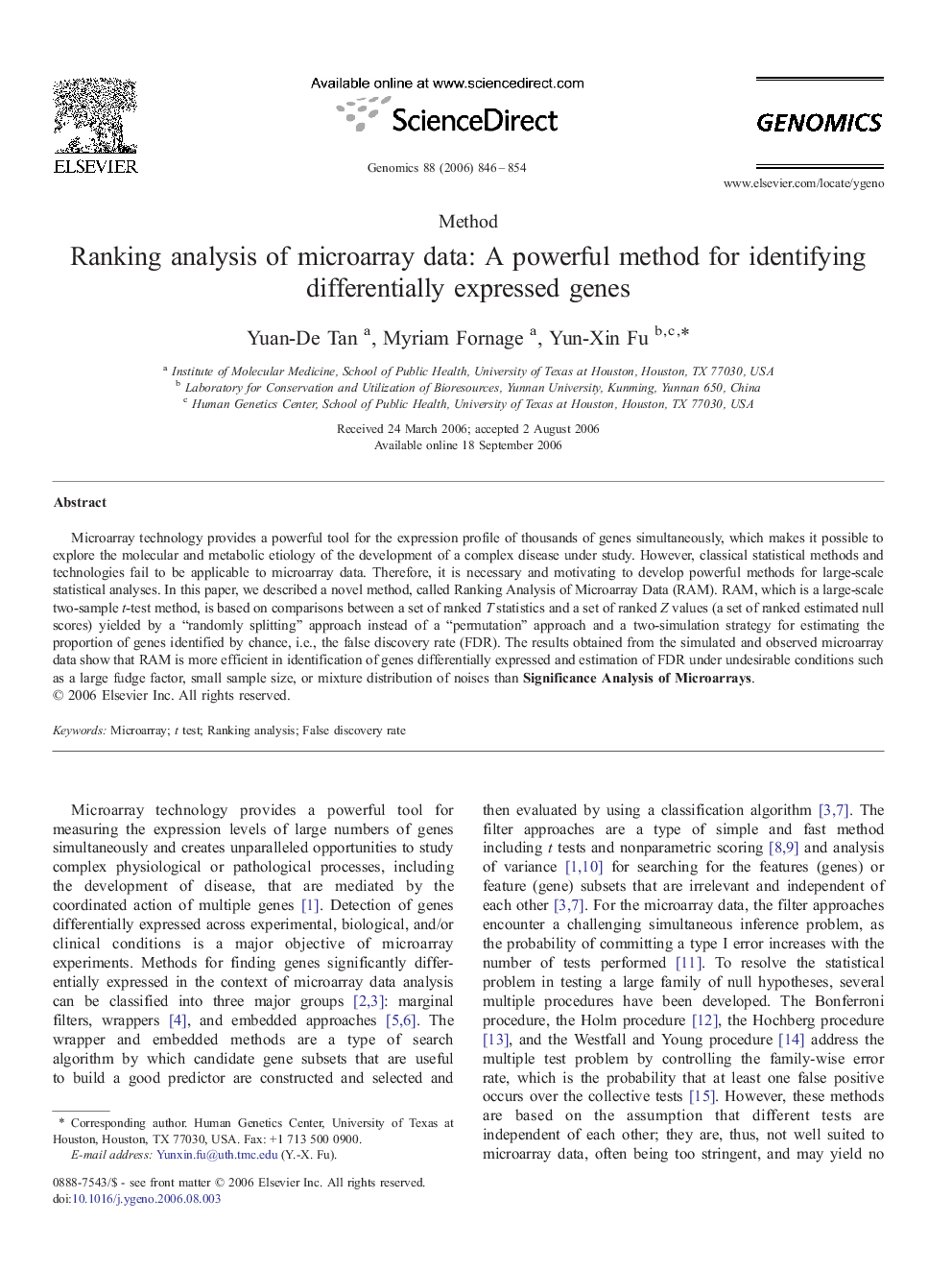 Ranking analysis of microarray data: A powerful method for identifying differentially expressed genes