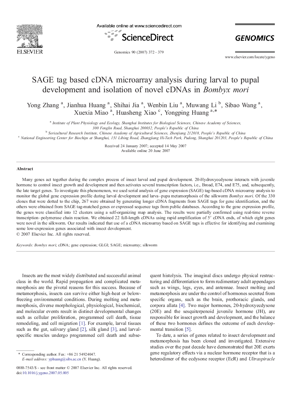 SAGE tag based cDNA microarray analysis during larval to pupal development and isolation of novel cDNAs in Bombyx mori