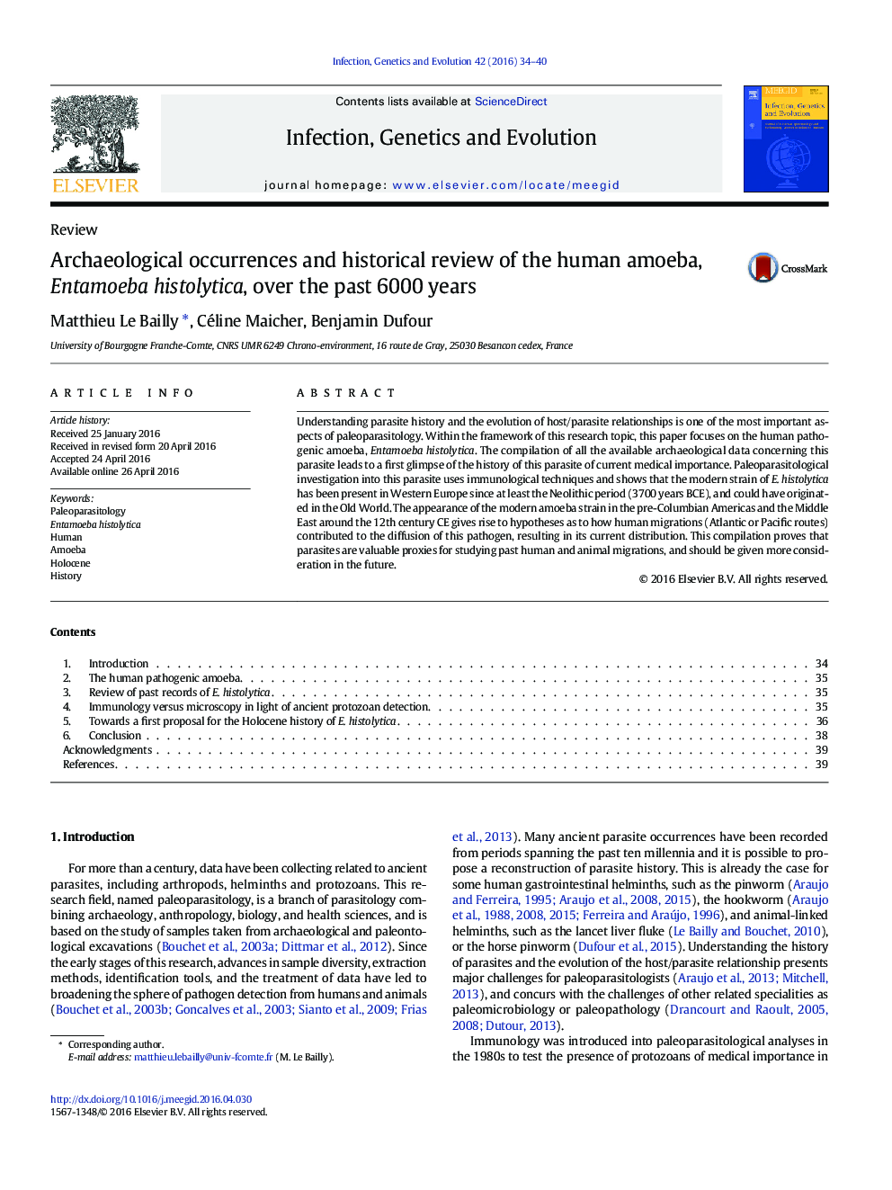 Archaeological occurrences and historical review of the human amoeba, Entamoeba histolytica, over the past 6000 years