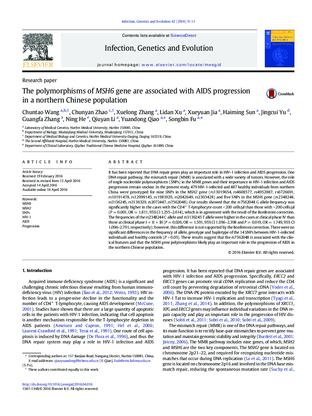 The polymorphisms of MSH6 gene are associated with AIDS progression in a northern Chinese population