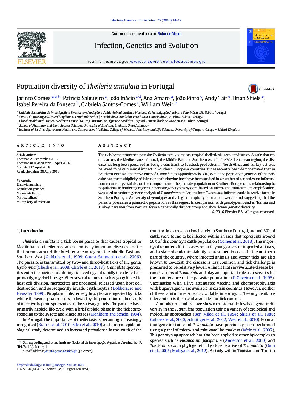 عکس صفحه اول مقاله: Population diversity of Theileria annulata in Portugal Population diversity of Theileria annulata in Portugal