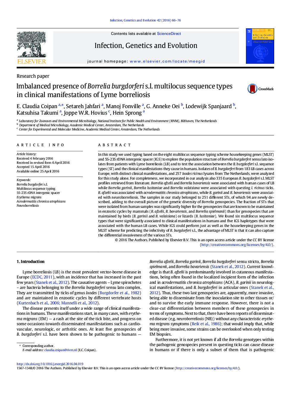 Research paperImbalanced presence of Borrelia burgdorferi s.l. multilocus sequence types in clinical manifestations of Lyme borreliosis