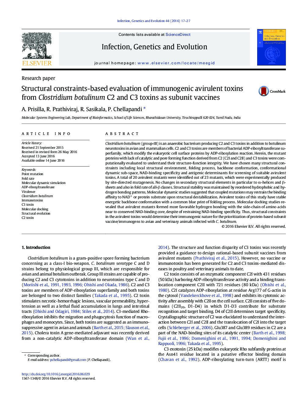 Research paperStructural constraints-based evaluation of immunogenic avirulent toxins from Clostridium botulinum C2 and C3 toxins as subunit vaccines