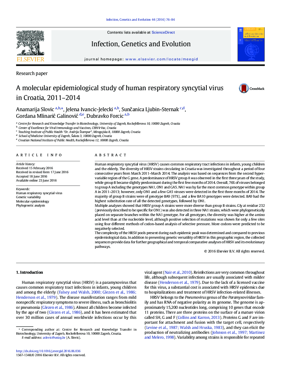 A molecular epidemiological study of human respiratory syncytial virus in Croatia, 2011-2014