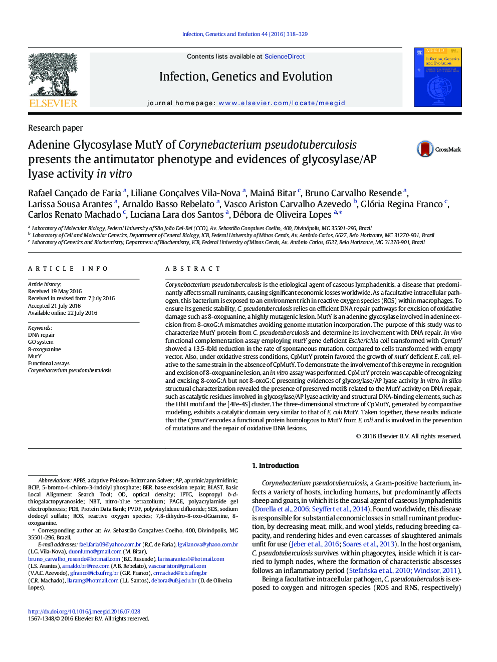 Adenine Glycosylase MutY of Corynebacterium pseudotuberculosis presents the antimutator phenotype and evidences of glycosylase/AP lyase activity in vitro