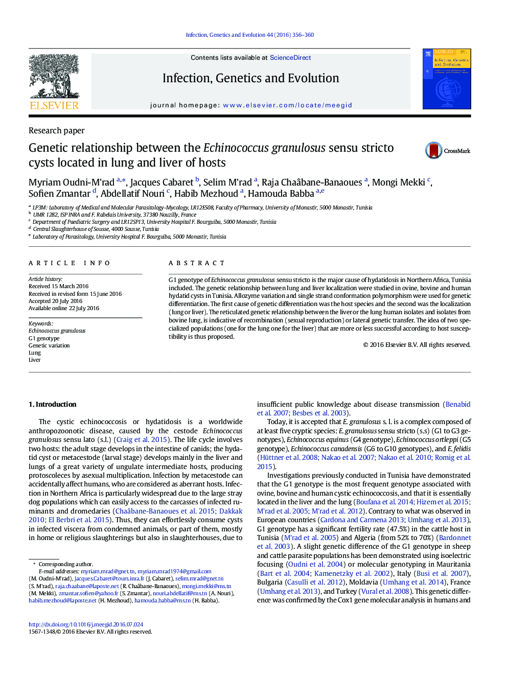 Research paperGenetic relationship between the Echinococcus granulosus sensu stricto cysts located in lung and liver of hosts