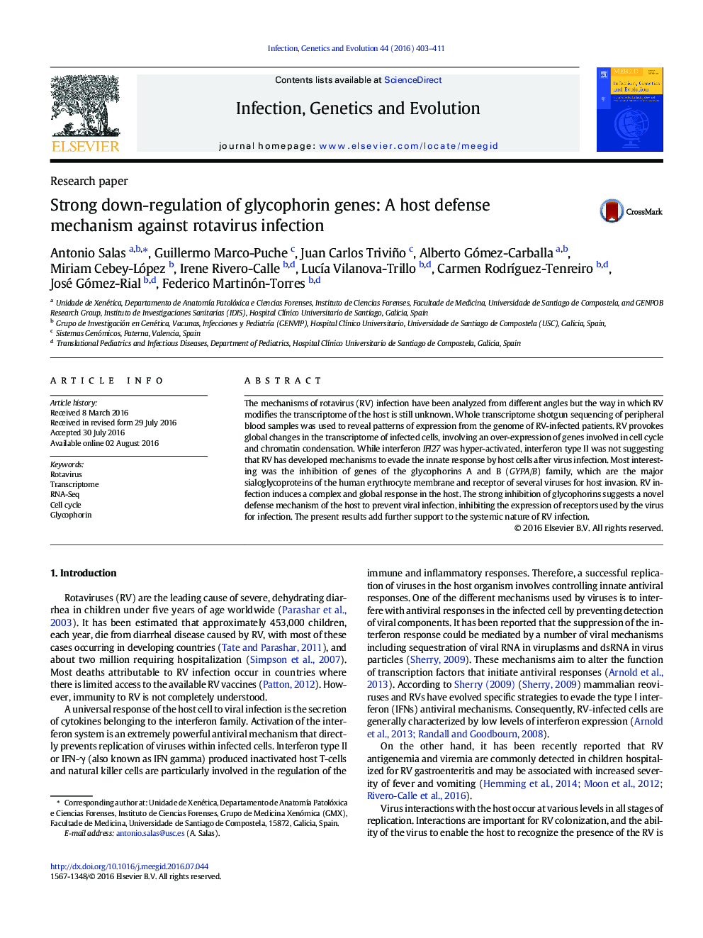 Strong down-regulation of glycophorin genes: A host defense mechanism against rotavirus infection