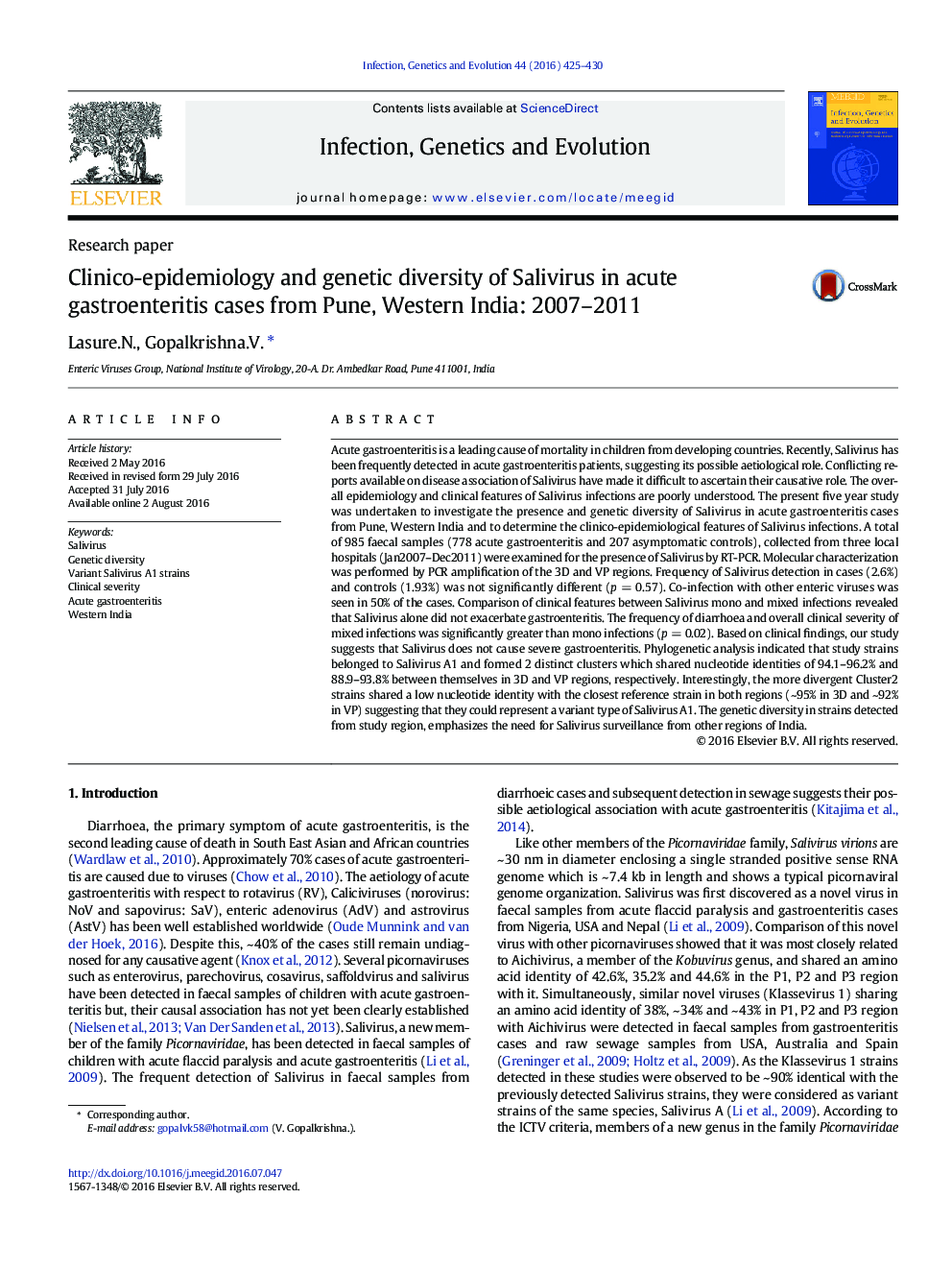 اپیدمیولوژی کلینیکی و تنوع ژنتیکی سالیویروس در موارد گاستروانتریت حاد از پونه، هند غربی: 2007-2011 