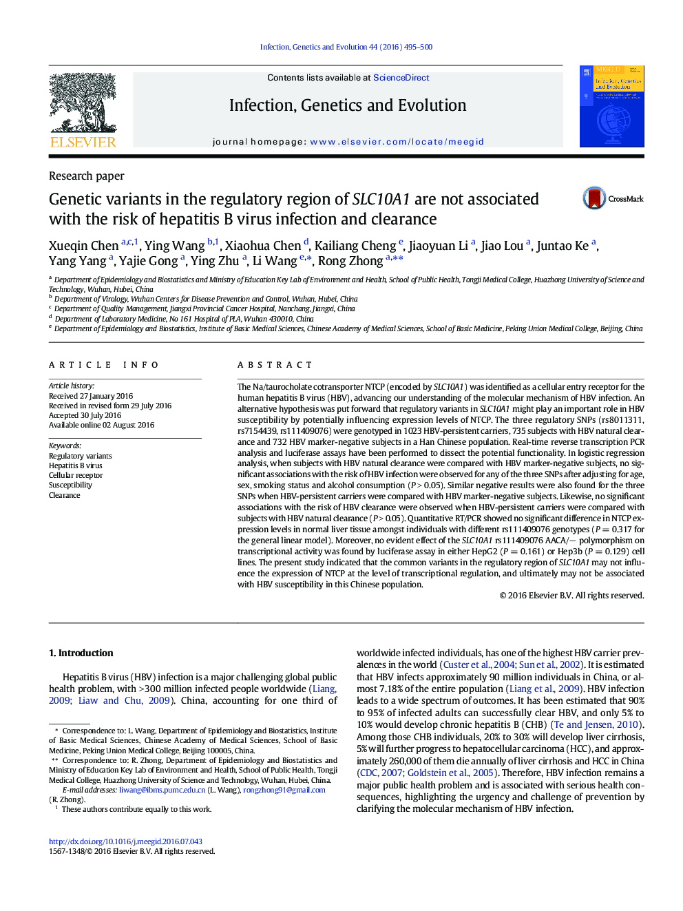 Genetic variants in the regulatory region of SLC10A1 are not associated with the risk of hepatitis B virus infection and clearance