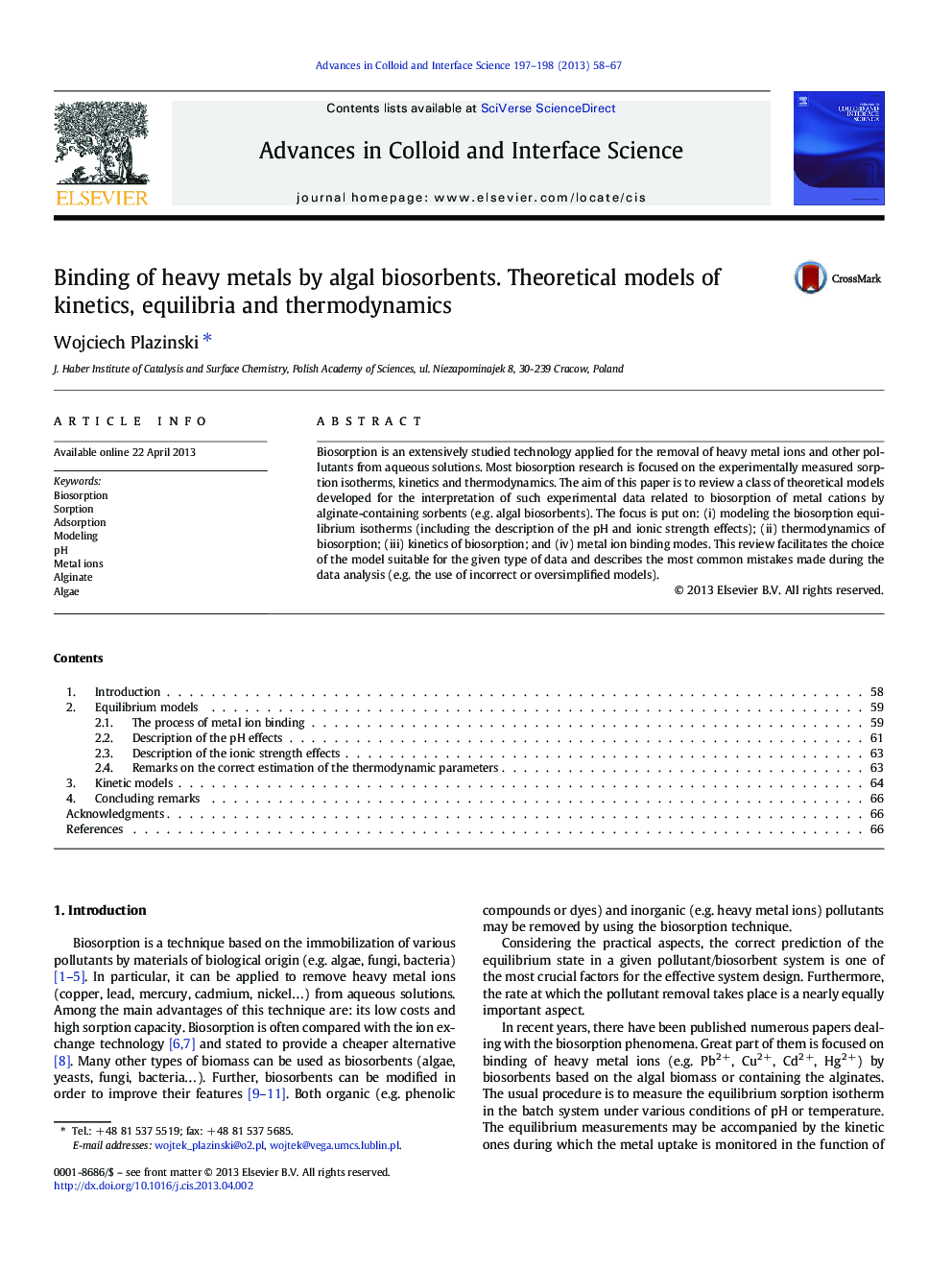 Binding of heavy metals by algal biosorbents. Theoretical models of kinetics, equilibria and thermodynamics