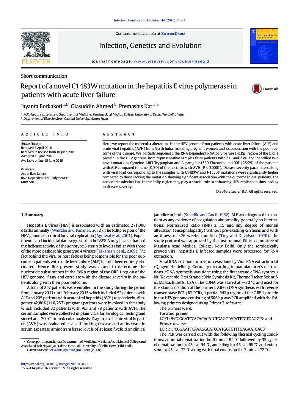 Report of a novel C1483W mutation in the hepatitis E virus polymerase in patients with acute liver failure