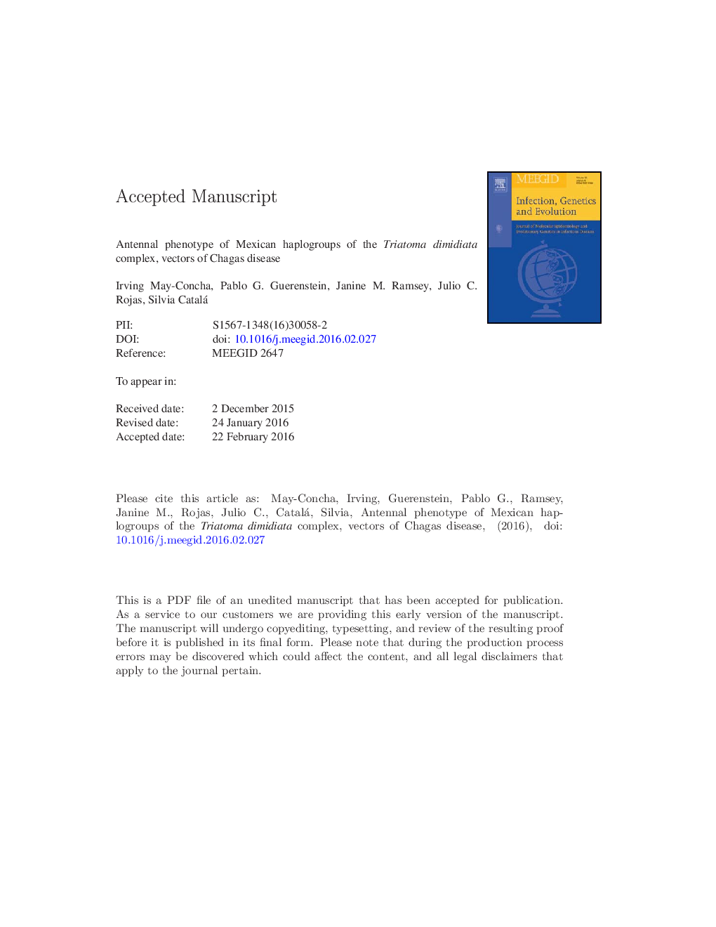 عکس صفحه اول مقاله: Antennal phenotype of Mexican haplogroups of the Triatoma dimidiata complex, vectors of Chagas disease Antennal phenotype of Mexican haplogroups of the Triatoma dimidiata complex, vectors of Chagas disease