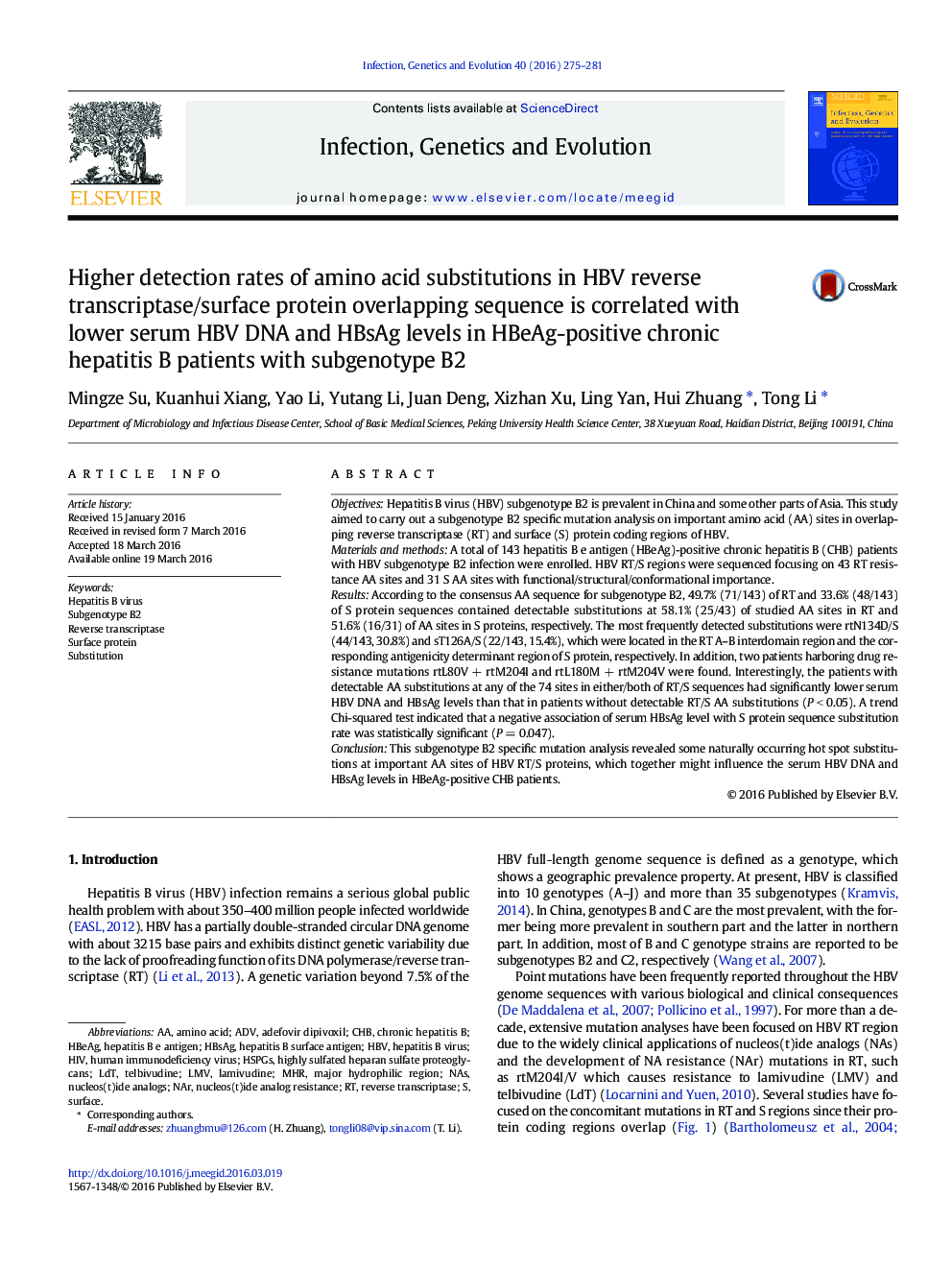 Higher detection rates of amino acid substitutions in HBV reverse transcriptase/surface protein overlapping sequence is correlated with lower serum HBV DNA and HBsAg levels in HBeAg-positive chronic hepatitis B patients with subgenotype B2