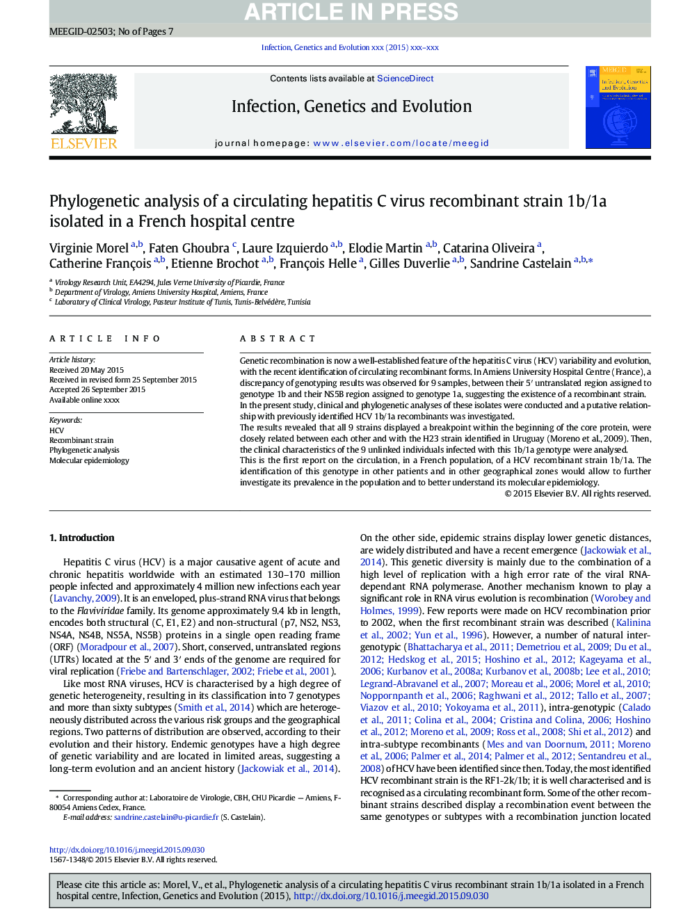 Phylogenetic analysis of a circulating hepatitis C virus recombinant strain 1b/1a isolated in a French hospital centre