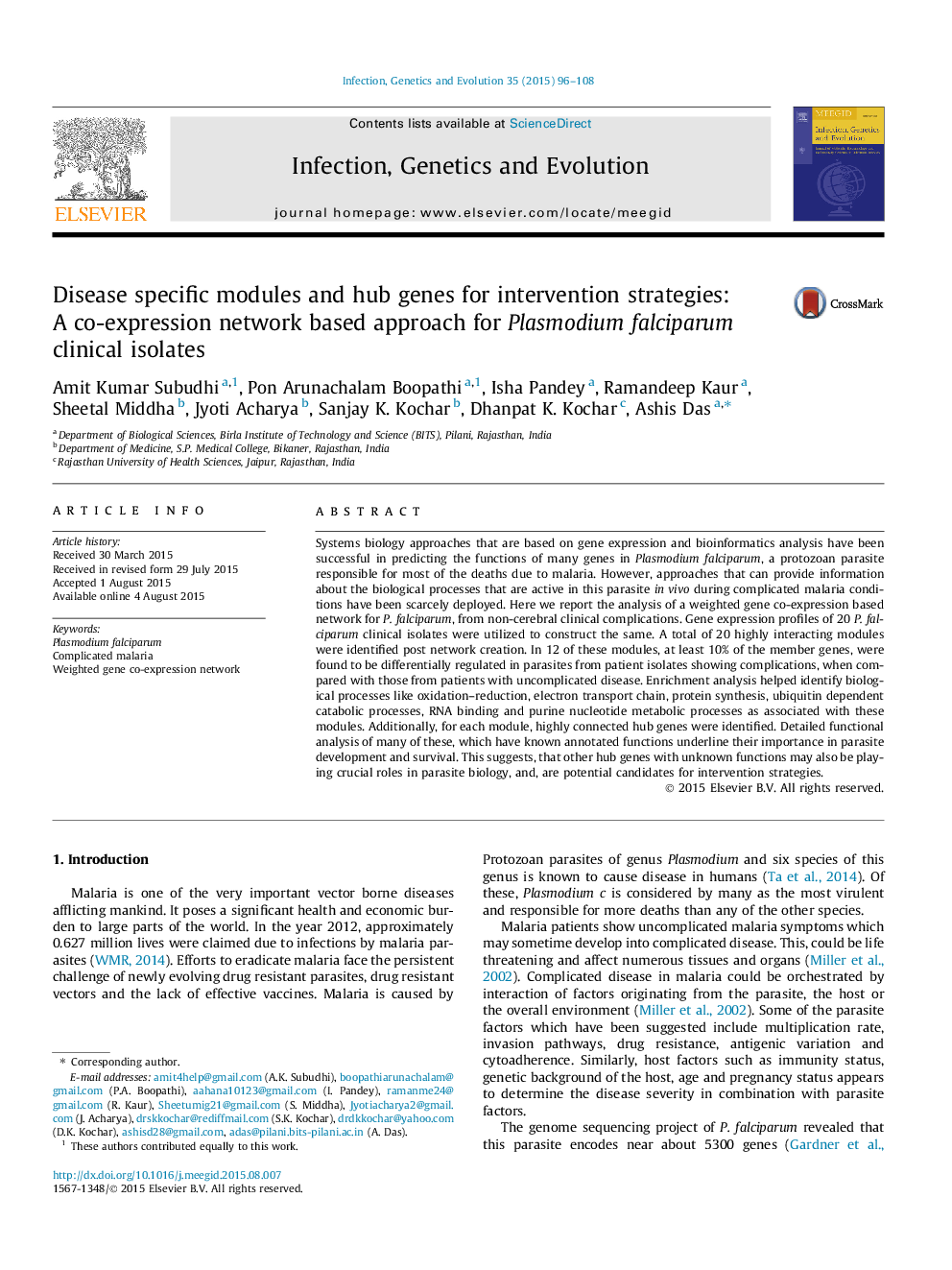 Disease specific modules and hub genes for intervention strategies: A co-expression network based approach for Plasmodium falciparum clinical isolates