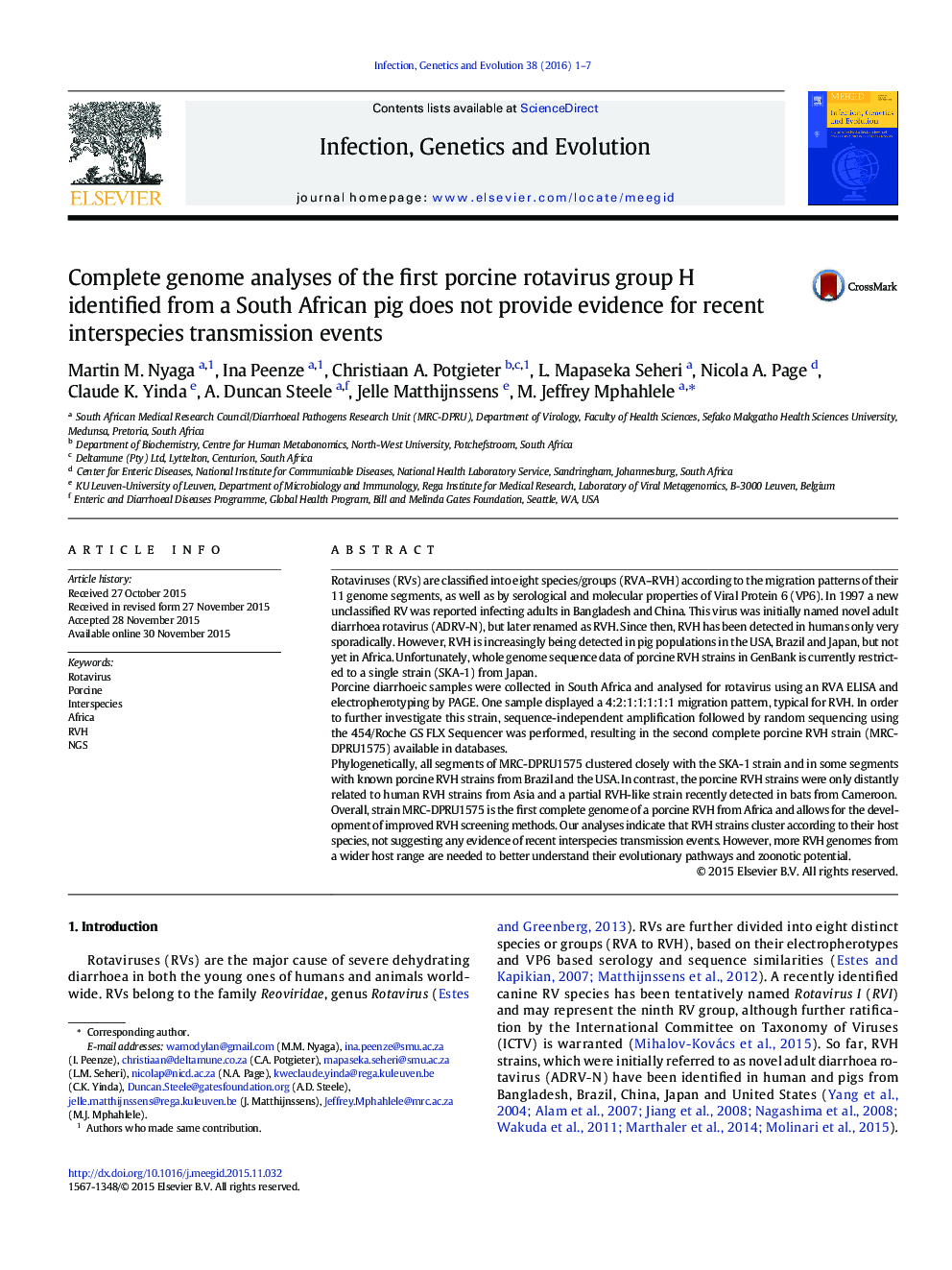 Complete genome analyses of the first porcine rotavirus group H identified from a South African pig does not provide evidence for recent interspecies transmission events