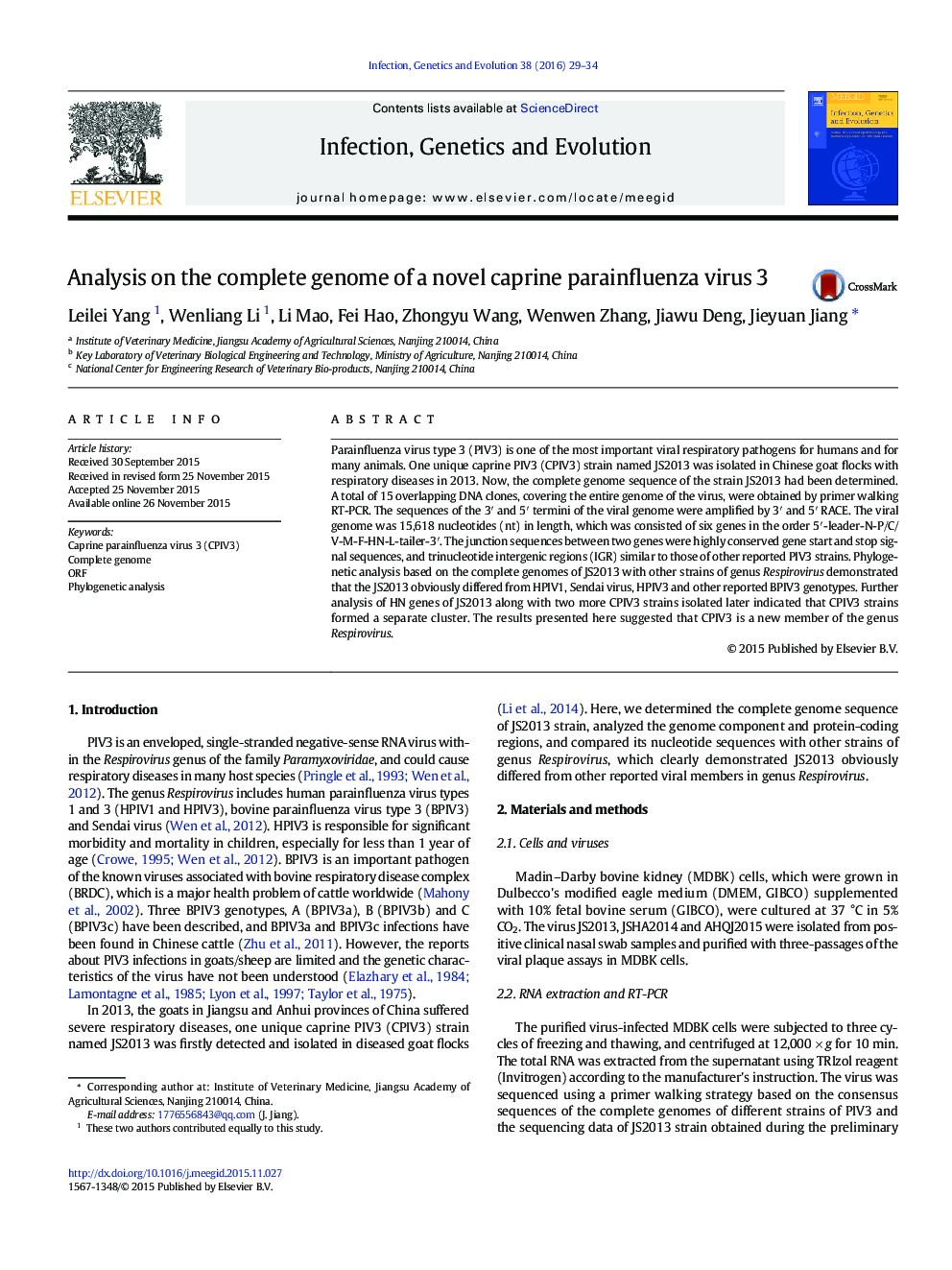 Analysis on the complete genome of a novel caprine parainfluenza virus 3