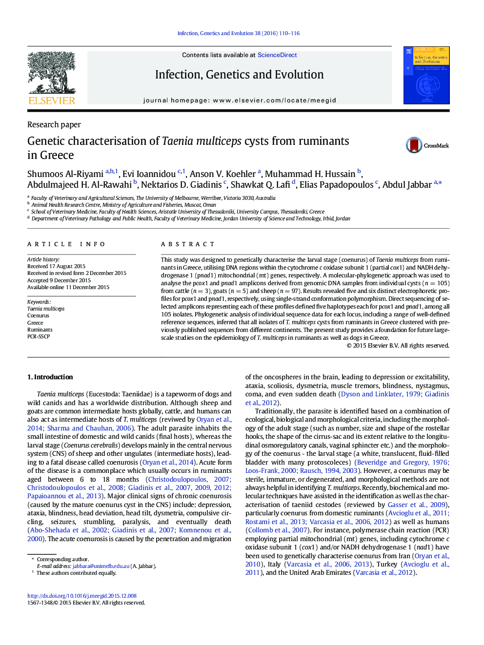 Research paperGenetic characterisation of Taenia multiceps cysts from ruminants in Greece