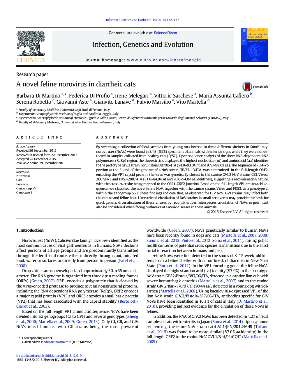 A novel feline norovirus in diarrheic cats