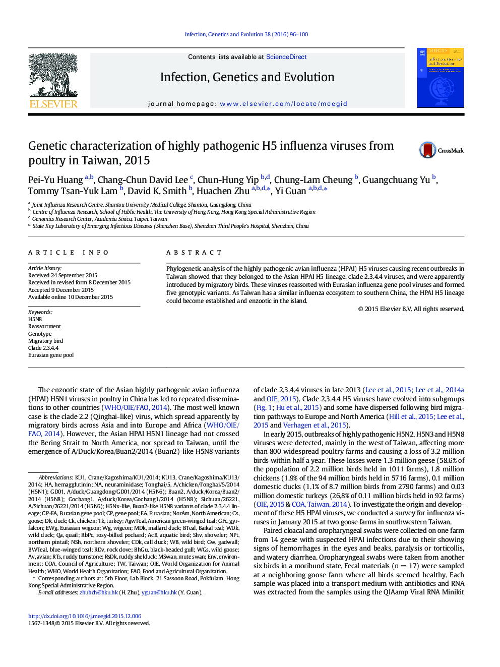 Genetic characterization of highly pathogenic H5 influenza viruses from poultry in Taiwan, 2015