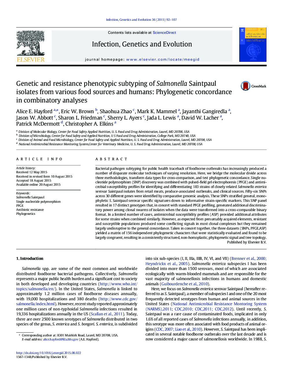 Genetic and resistance phenotypic subtyping of Salmonella Saintpaul isolates from various food sources and humans: Phylogenetic concordance in combinatory analyses
