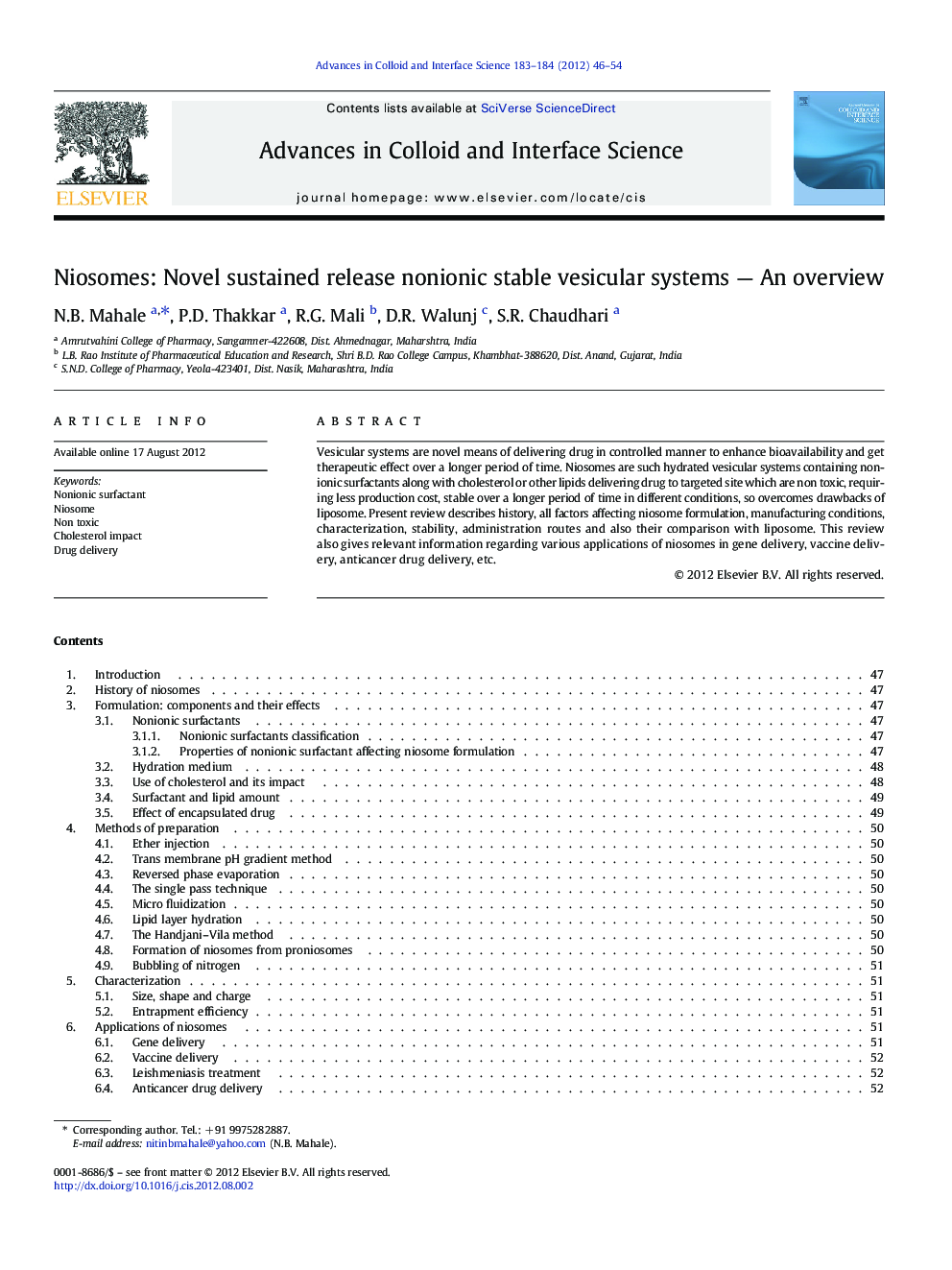 Niosomes: Novel sustained release nonionic stable vesicular systems - An overview