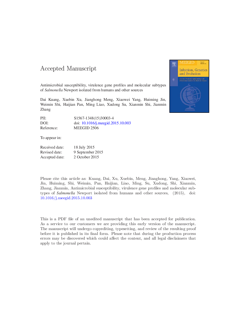 Antimicrobial susceptibility, virulence gene profiles and molecular subtypes of Salmonella Newport isolated from humans and other sources