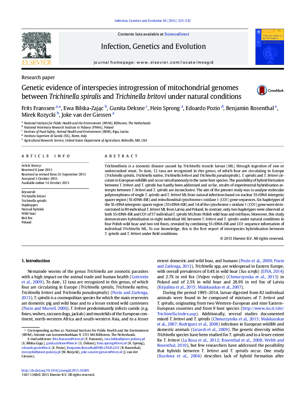 Genetic evidence of interspecies introgression of mitochondrial genomes between Trichinella spiralis and Trichinella britovi under natural conditions