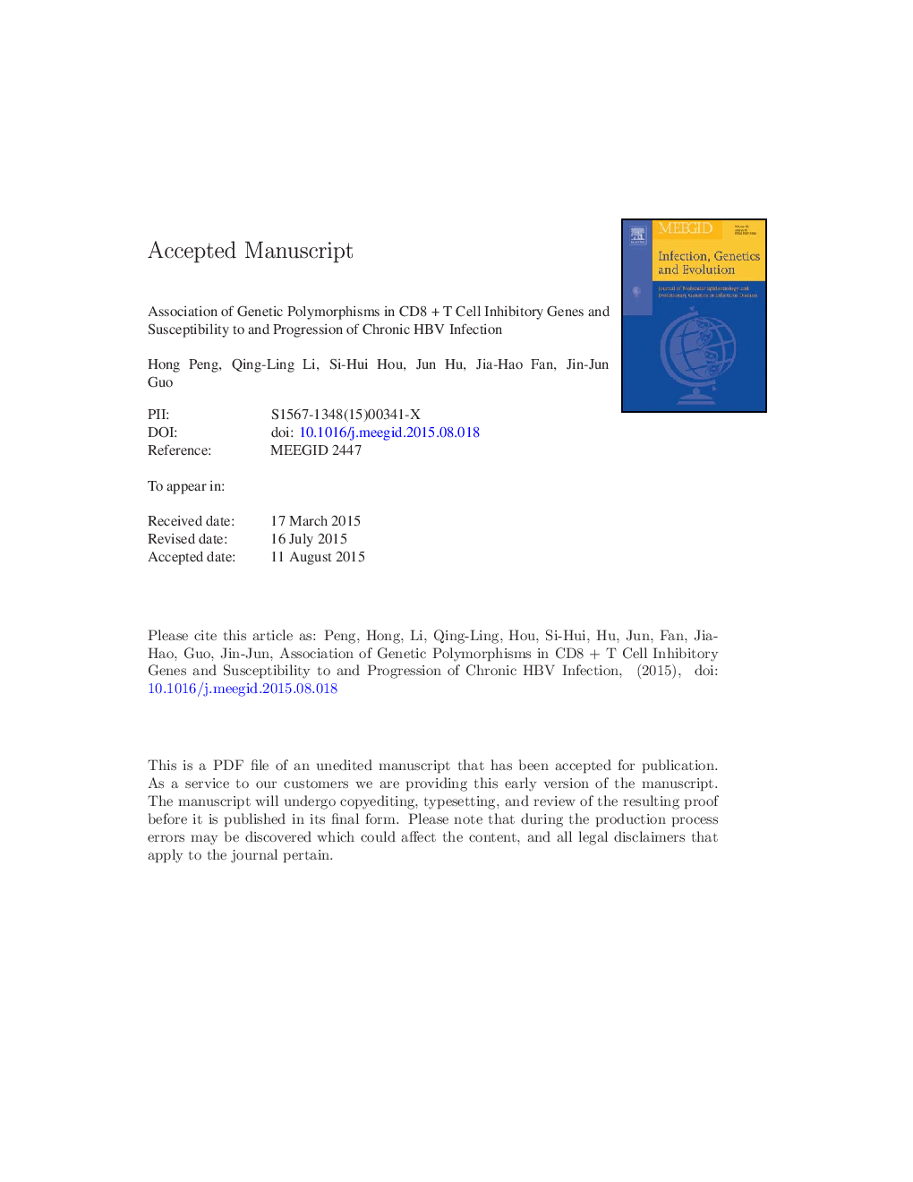 Association of genetic polymorphisms in CD8Â + T cell inhibitory genes and susceptibility to and progression of chronic HBV infection