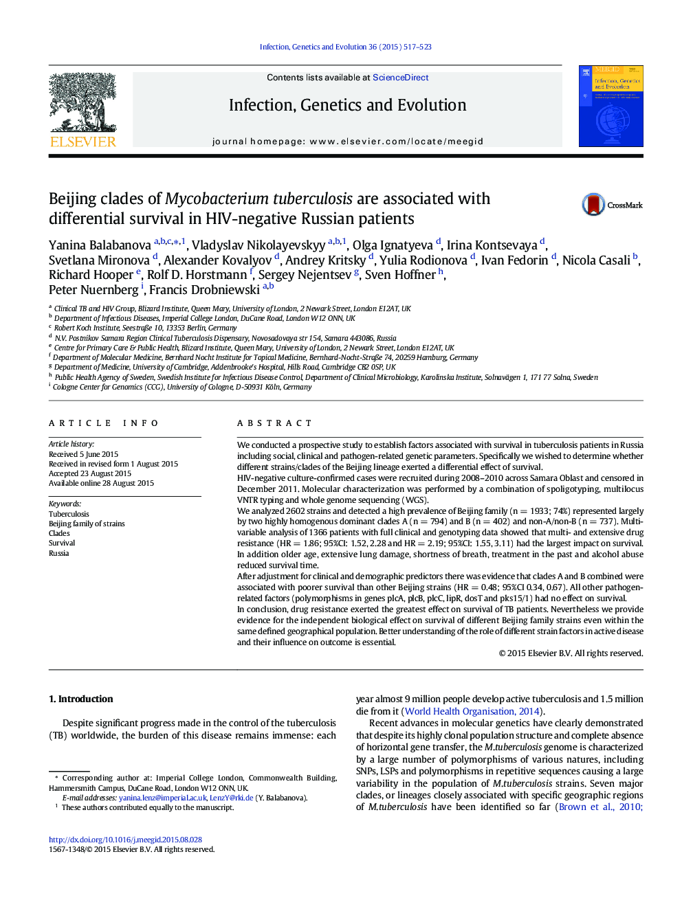 Beijing clades of Mycobacterium tuberculosis are associated with differential survival in HIV-negative Russian patients