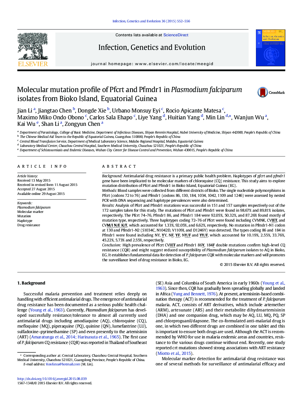 عکس صفحه اول مقاله: Molecular mutation profile of Pfcrt and Pfmdr1 in Plasmodium falciparum isolates from Bioko Island, Equatorial Guinea Molecular mutation profile of Pfcrt and Pfmdr1 in Plasmodium falciparum isolates from Bioko Island, Equatorial Guinea