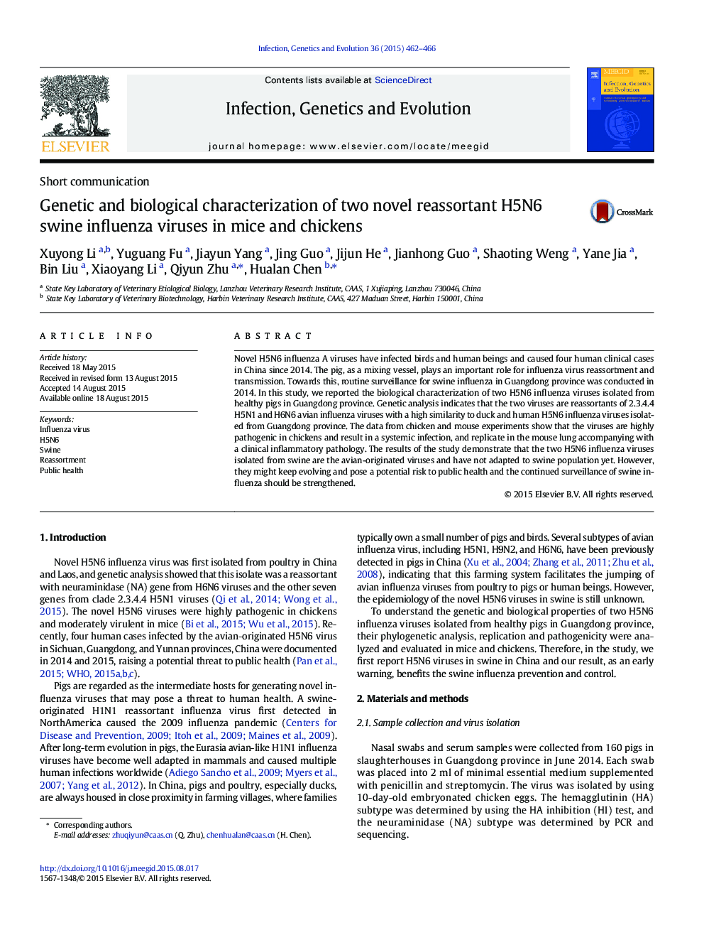 Short communicationGenetic and biological characterization of two novel reassortant H5N6 swine influenza viruses in mice and chickens