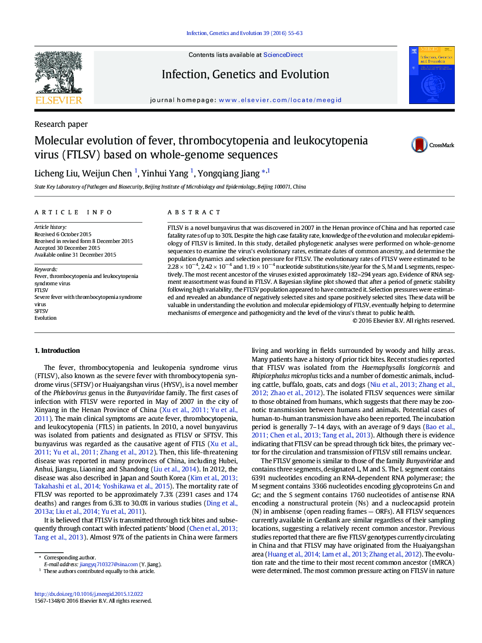 Research paperMolecular evolution of fever, thrombocytopenia and leukocytopenia virus (FTLSV) based on whole-genome sequences