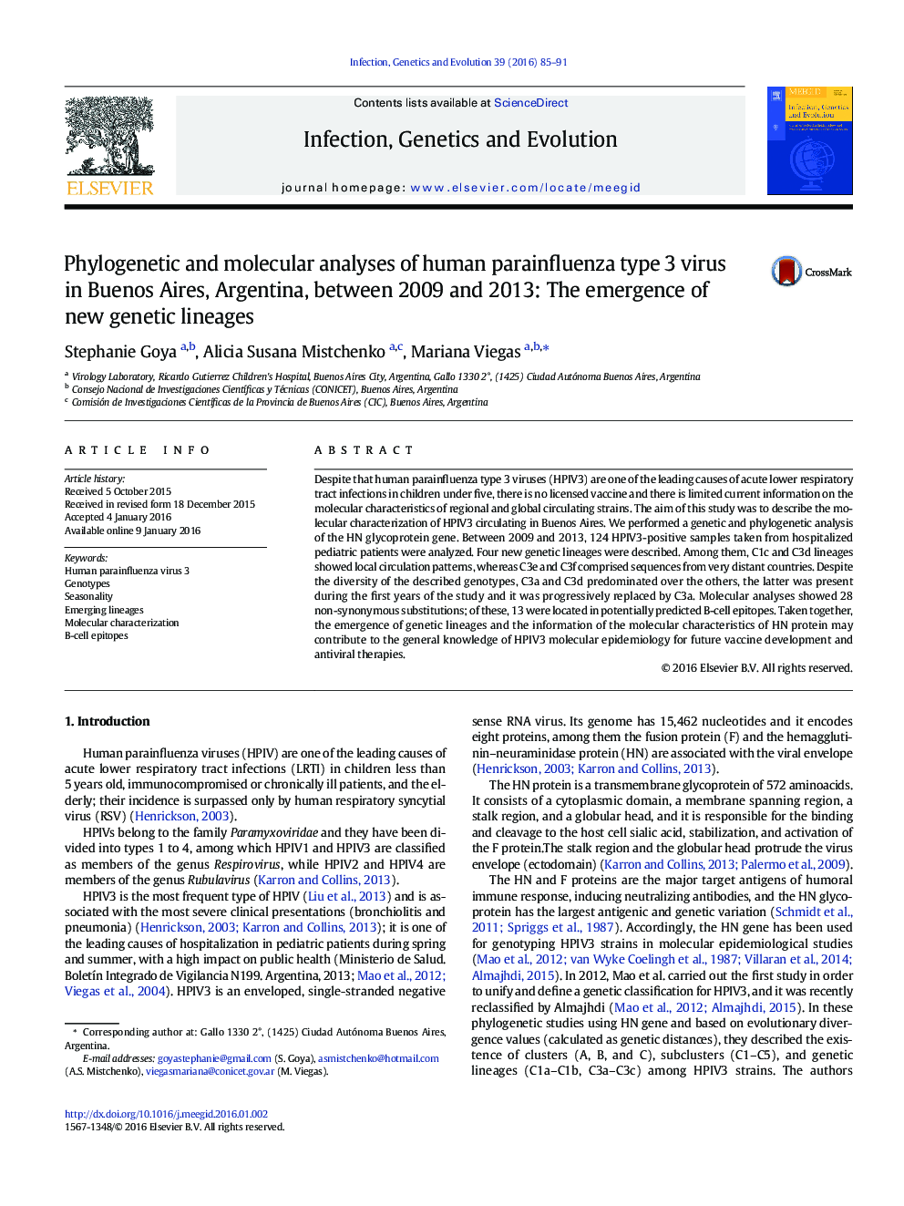 Phylogenetic and molecular analyses of human parainfluenza type 3 virus in Buenos Aires, Argentina, between 2009 and 2013: The emergence of new genetic lineages