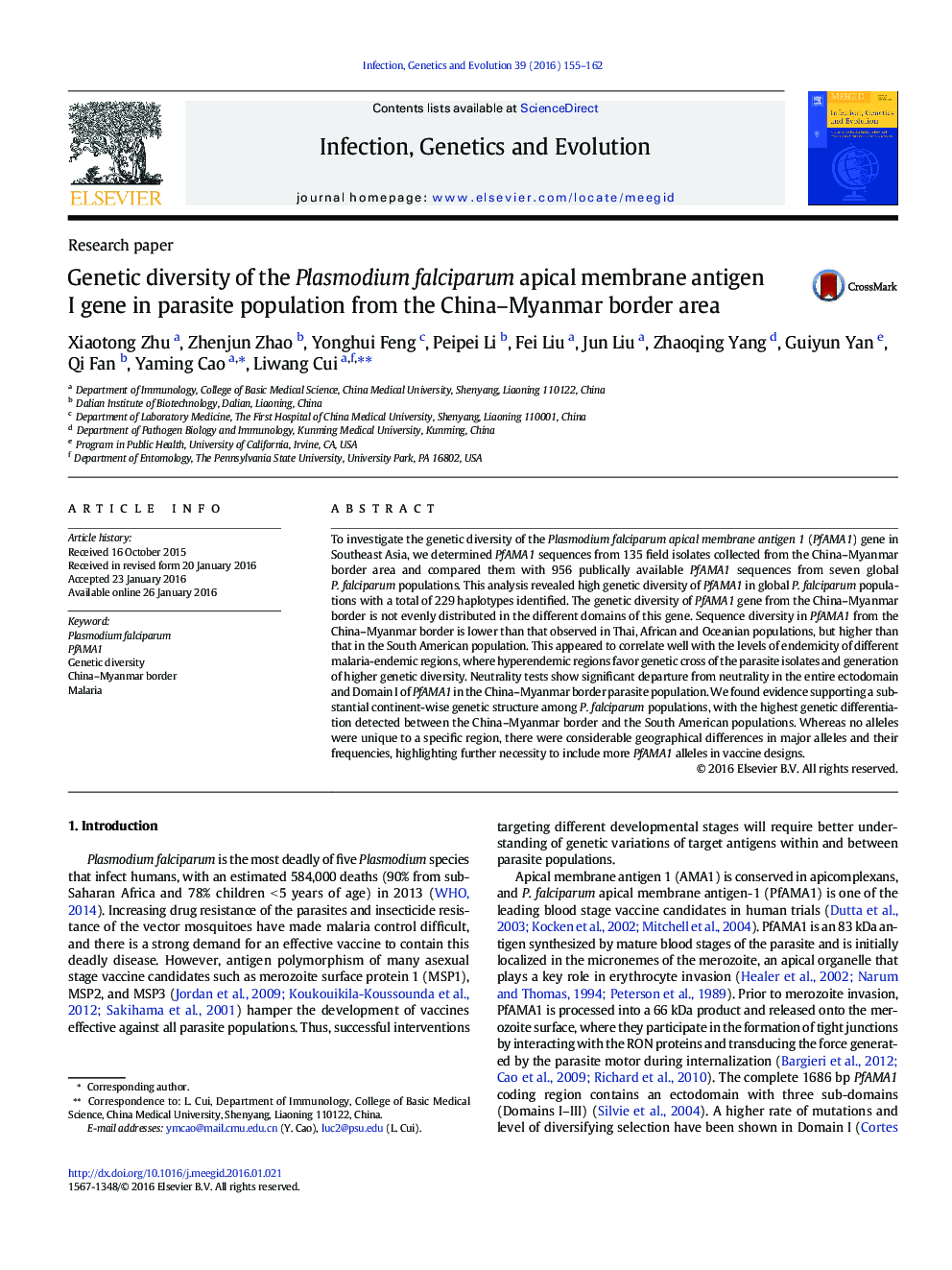 Genetic diversity of the Plasmodium falciparum apical membrane antigen I gene in parasite population from the China-Myanmar border area