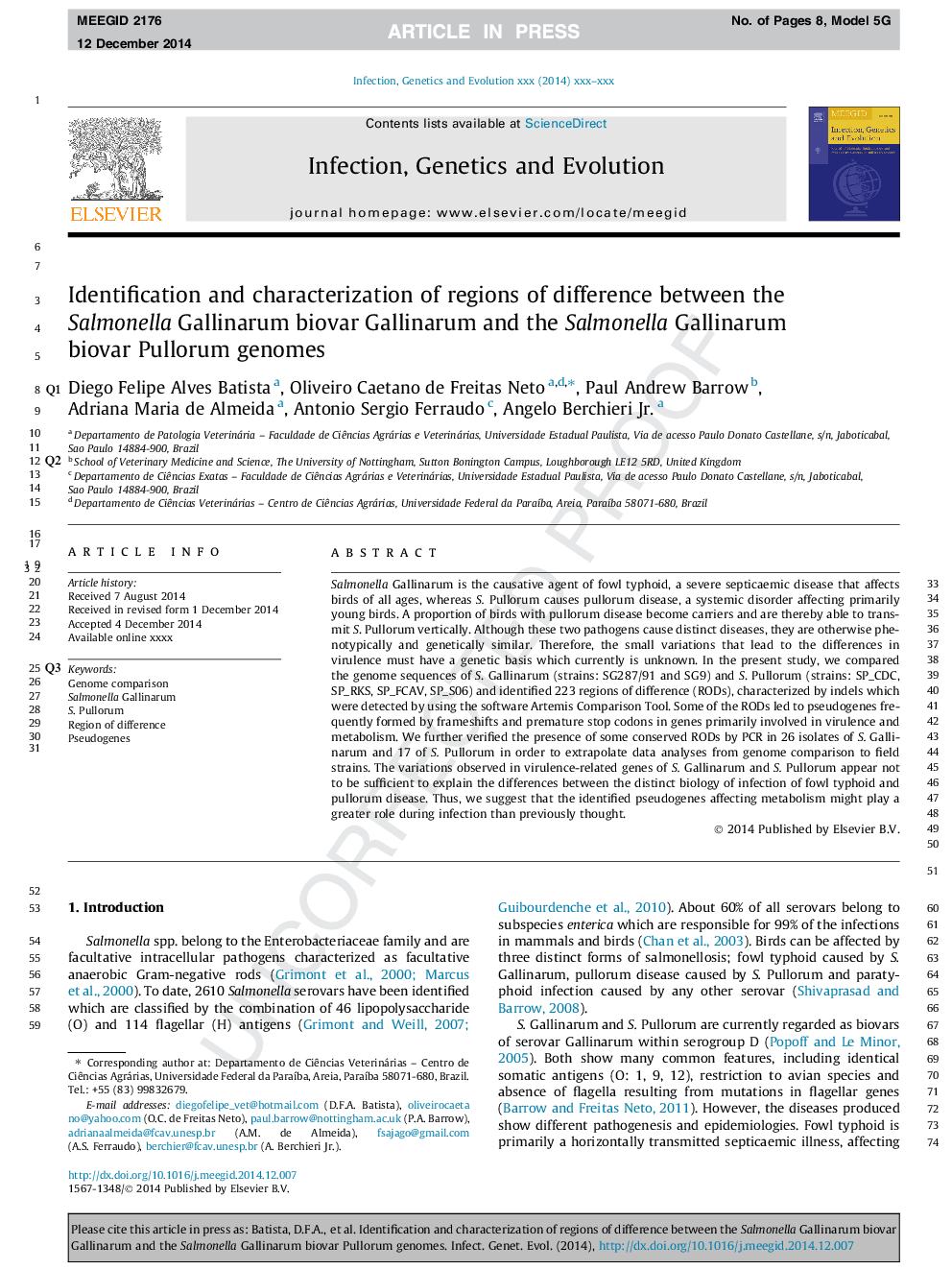 Identification and characterization of regions of difference between the Salmonella Gallinarum biovar Gallinarum and the Salmonella Gallinarum biovar Pullorum genomes