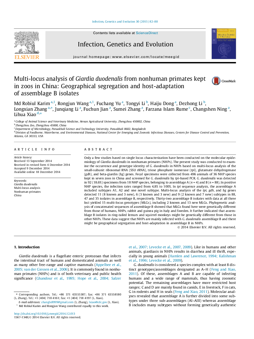 Multi-locus analysis of Giardia duodenalis from nonhuman primates kept in zoos in China: Geographical segregation and host-adaptation of assemblage B isolates