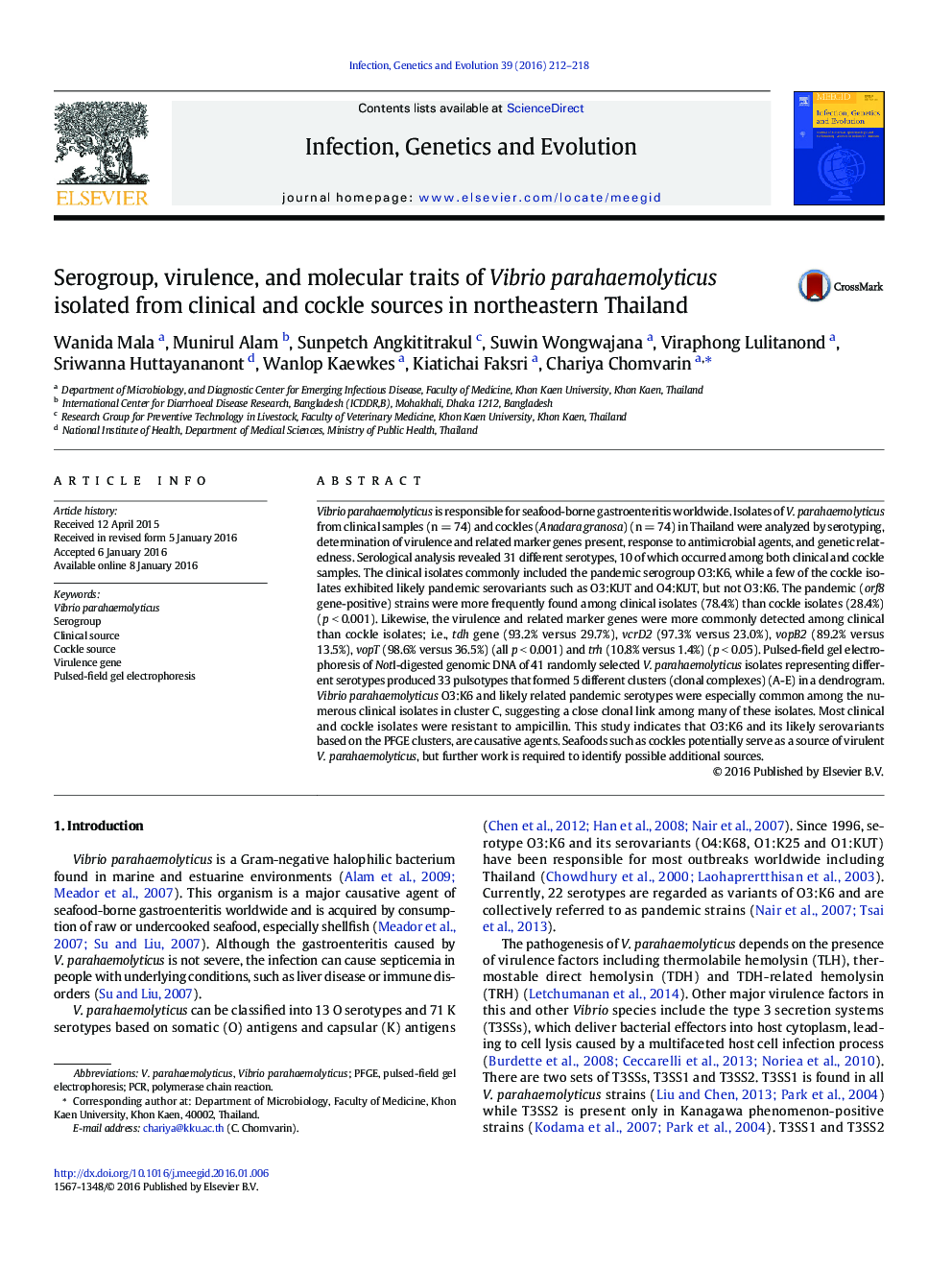 Serogroup, virulence, and molecular traits of Vibrio parahaemolyticus isolated from clinical and cockle sources in northeastern Thailand