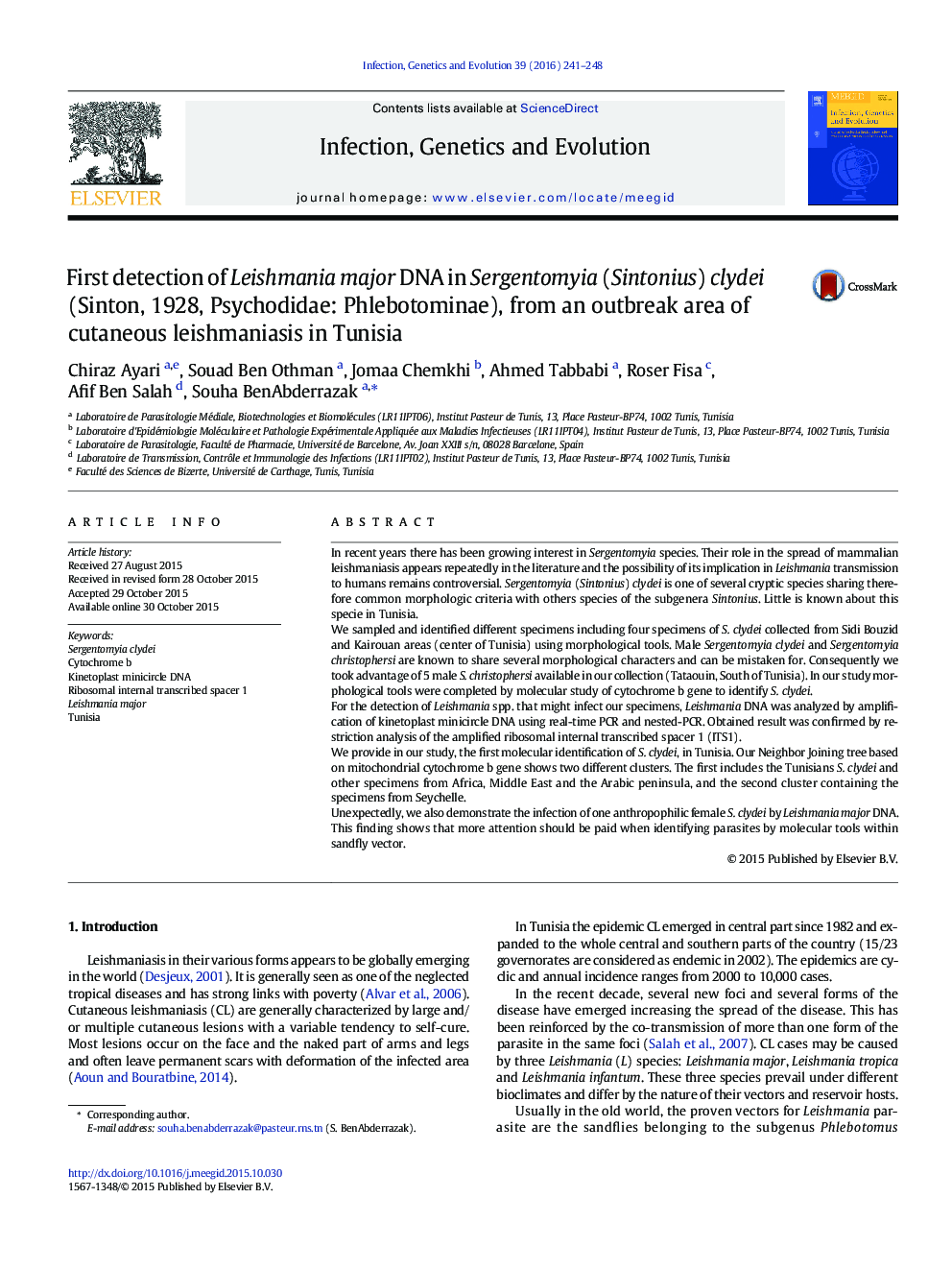 First detection of Leishmania major DNA in Sergentomyia (Sintonius) clydei (Sinton, 1928, Psychodidae: Phlebotominae), from an outbreak area of cutaneous leishmaniasis in Tunisia