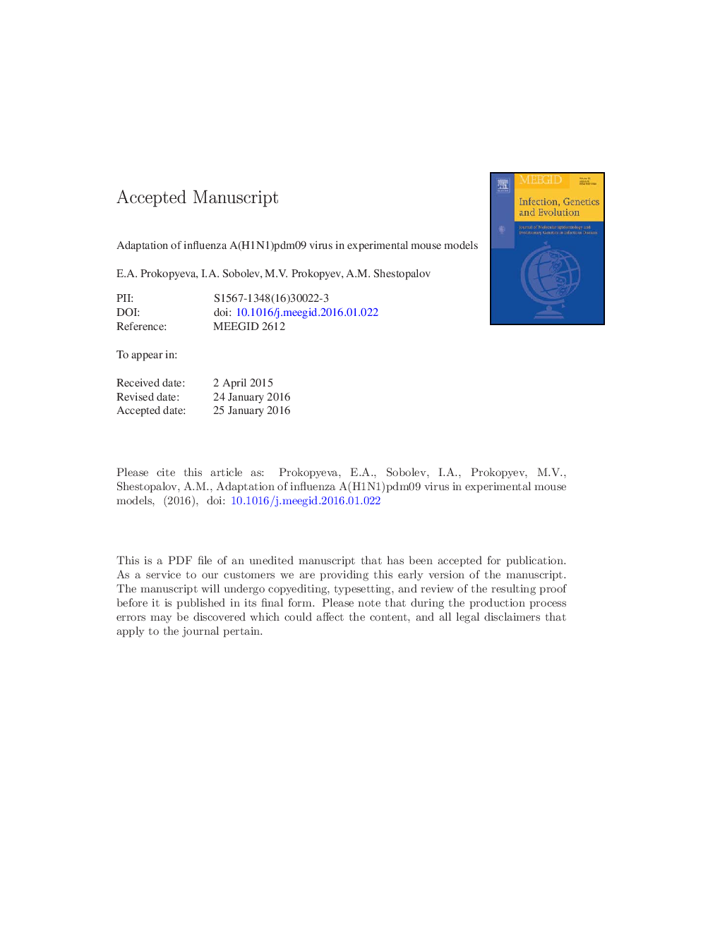 Adaptation of influenza A(H1N1)pdm09 virus in experimental mouse models