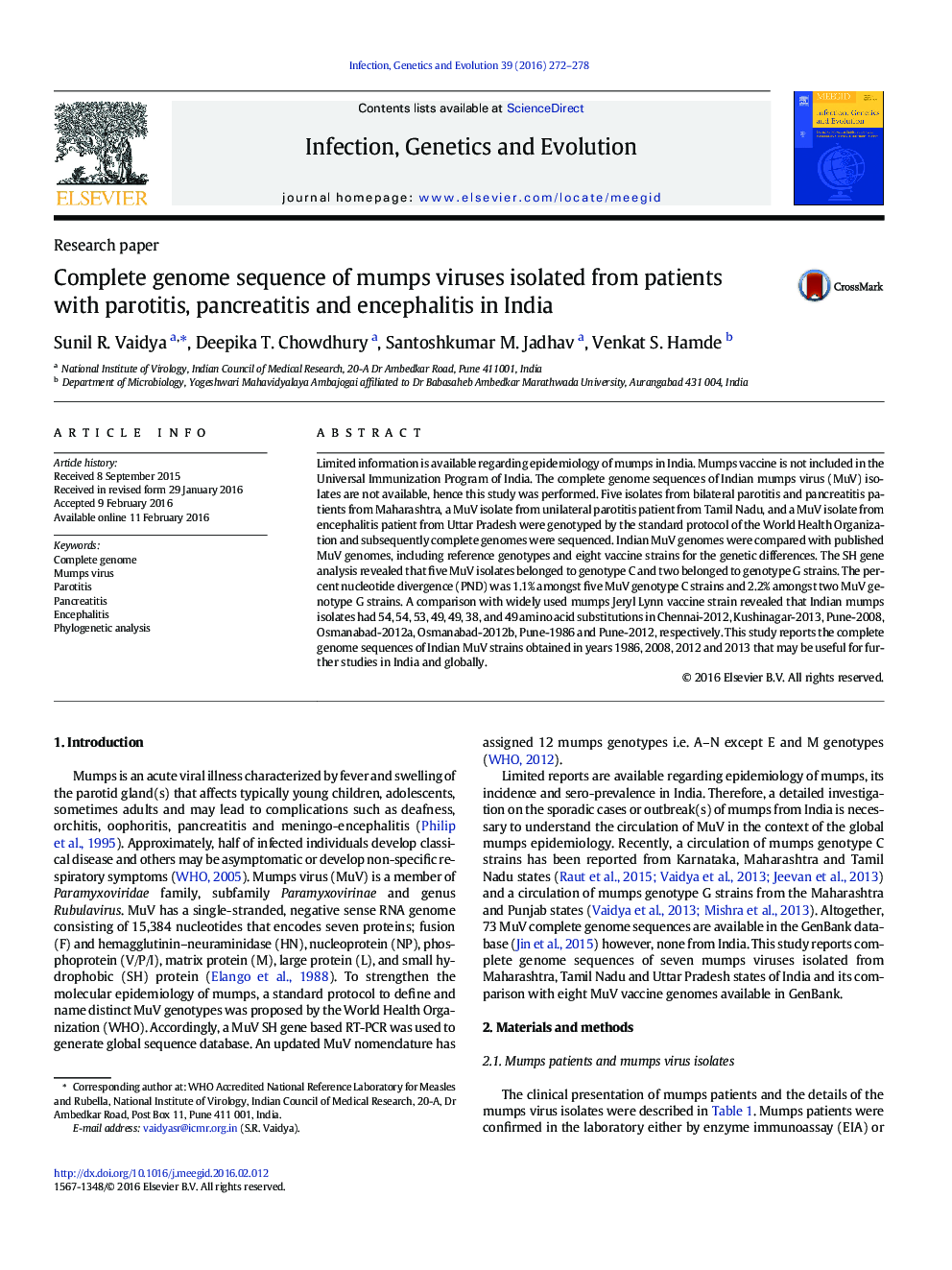 Complete genome sequence of mumps viruses isolated from patients with parotitis, pancreatitis and encephalitis in India