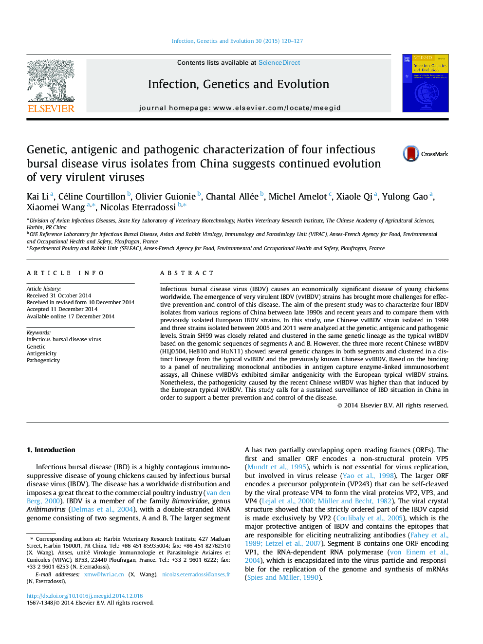 Genetic, antigenic and pathogenic characterization of four infectious bursal disease virus isolates from China suggests continued evolution of very virulent viruses