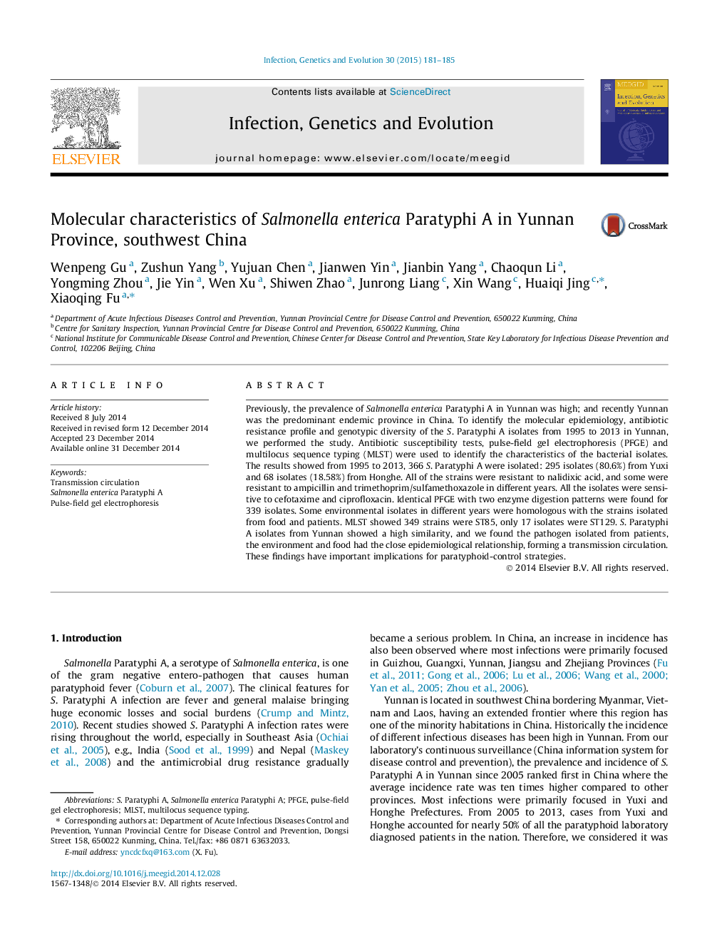 Molecular characteristics of Salmonella enterica Paratyphi A in Yunnan Province, southwest China