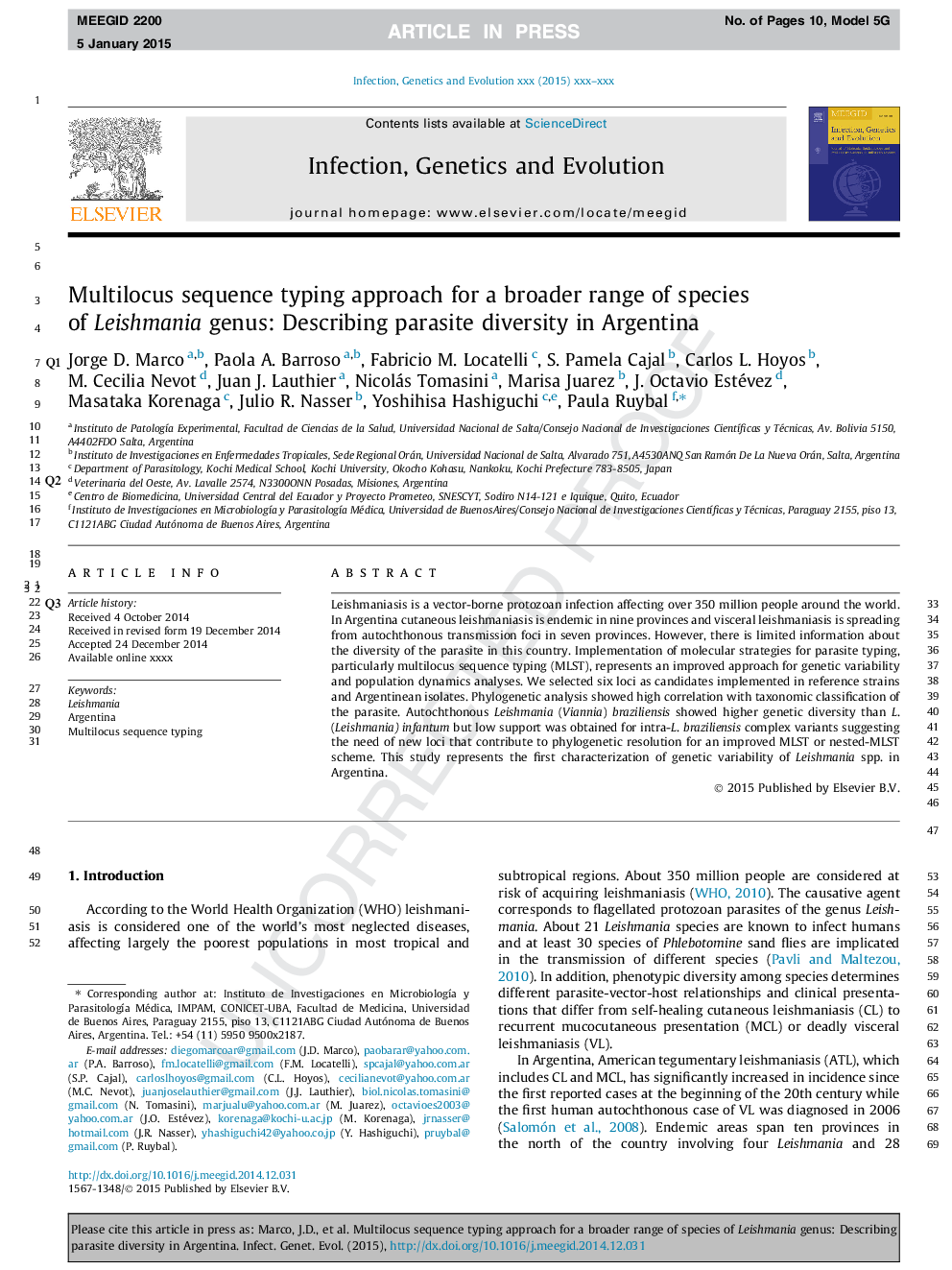 Multilocus sequence typing approach for a broader range of species of Leishmania genus: Describing parasite diversity in Argentina