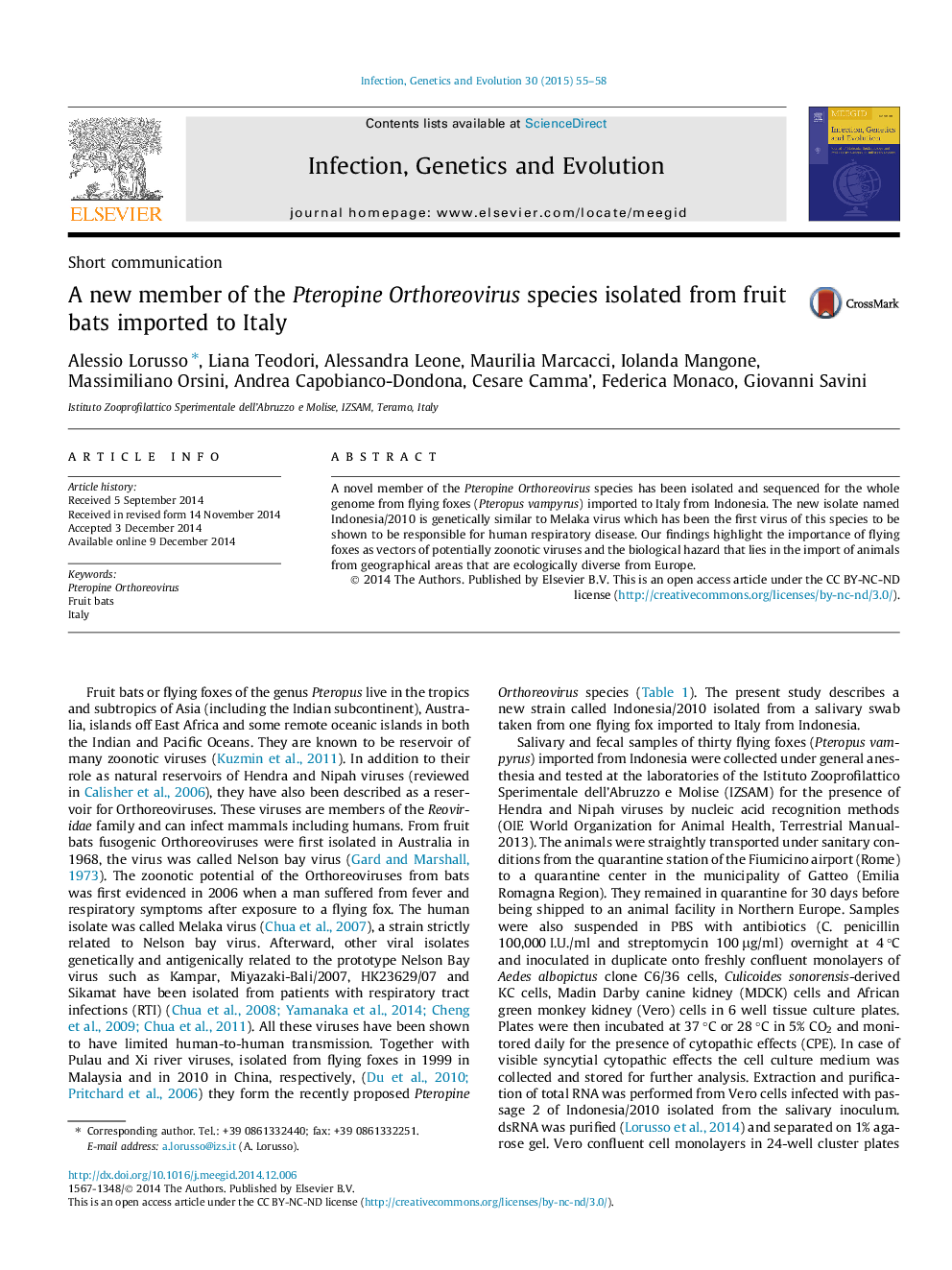 A new member of the Pteropine Orthoreovirus species isolated from fruit bats imported to Italy