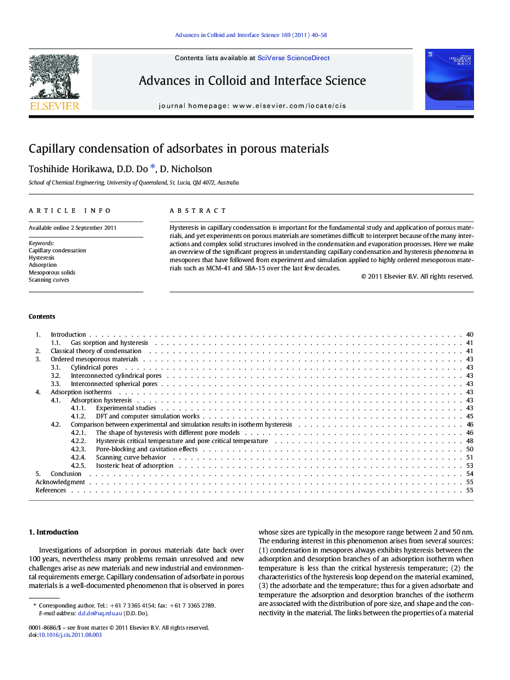 Capillary condensation of adsorbates in porous materials