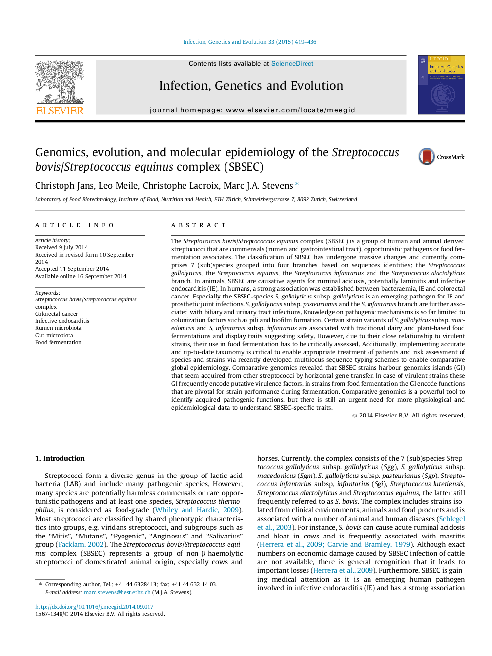 Genomics, evolution, and molecular epidemiology of the Streptococcus bovis/Streptococcus equinus complex (SBSEC)