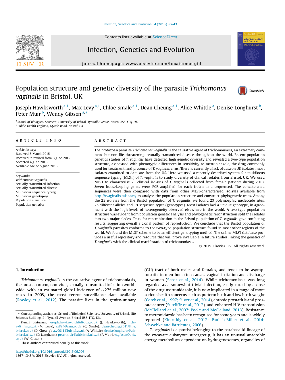 Population structure and genetic diversity of the parasite Trichomonas vaginalis in Bristol, UK