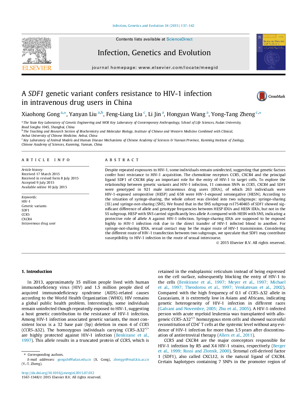 A SDF1 genetic variant confers resistance to HIV-1 infection in intravenous drug users in China